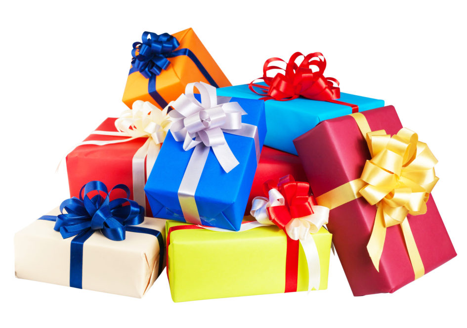 Piles of gift boxes wrapped in colorful paper, ribbon, and bow